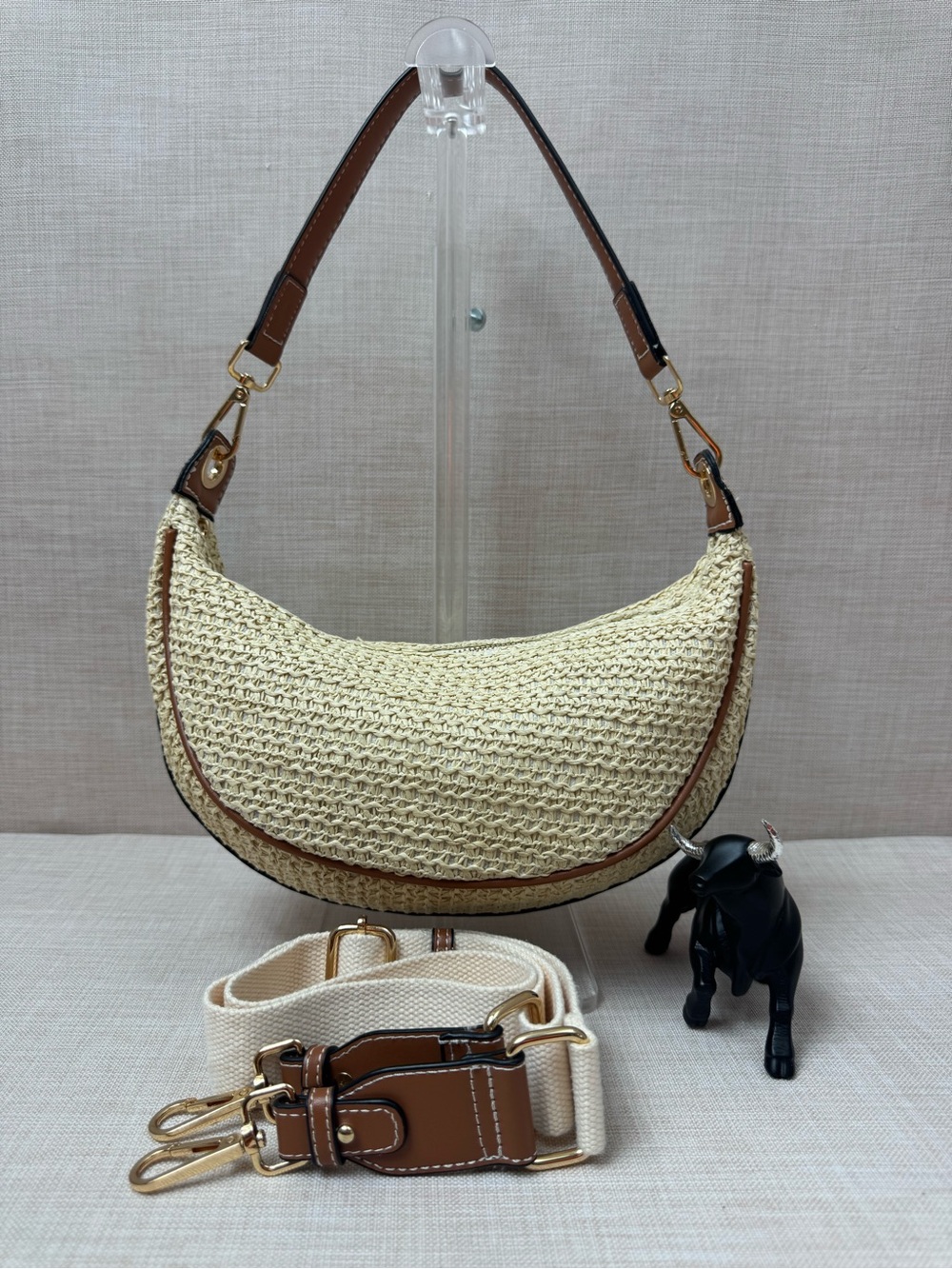 Zara Woven Crescent Shoulder Bag in Natural and Brown with Cream Strap